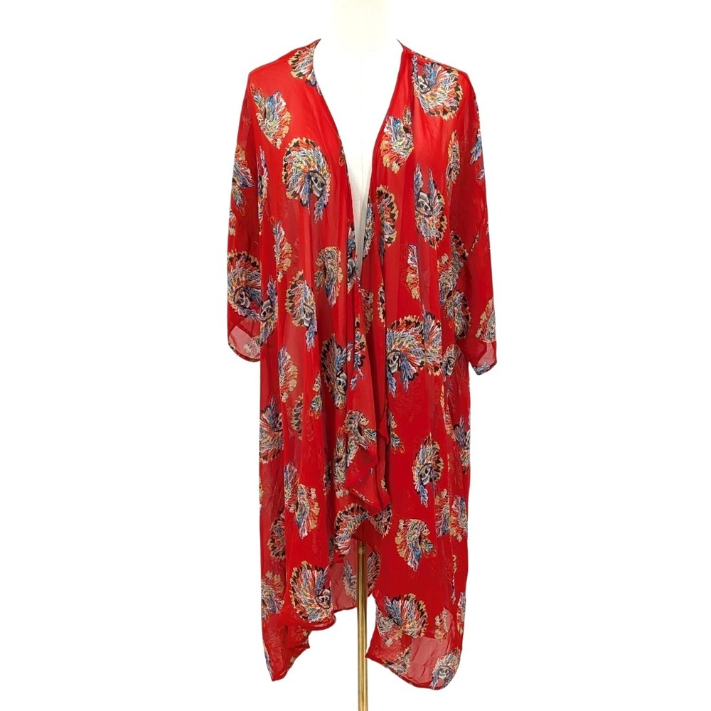 Turquoise Haven Red Floral Chiffon‎ Skulls Western Feather Kimono Cardigan L XL
